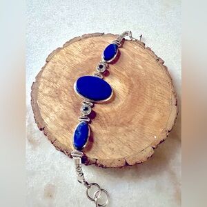 Genuine Lapis Lazuli and Zircon Silver Toggle Bracelet